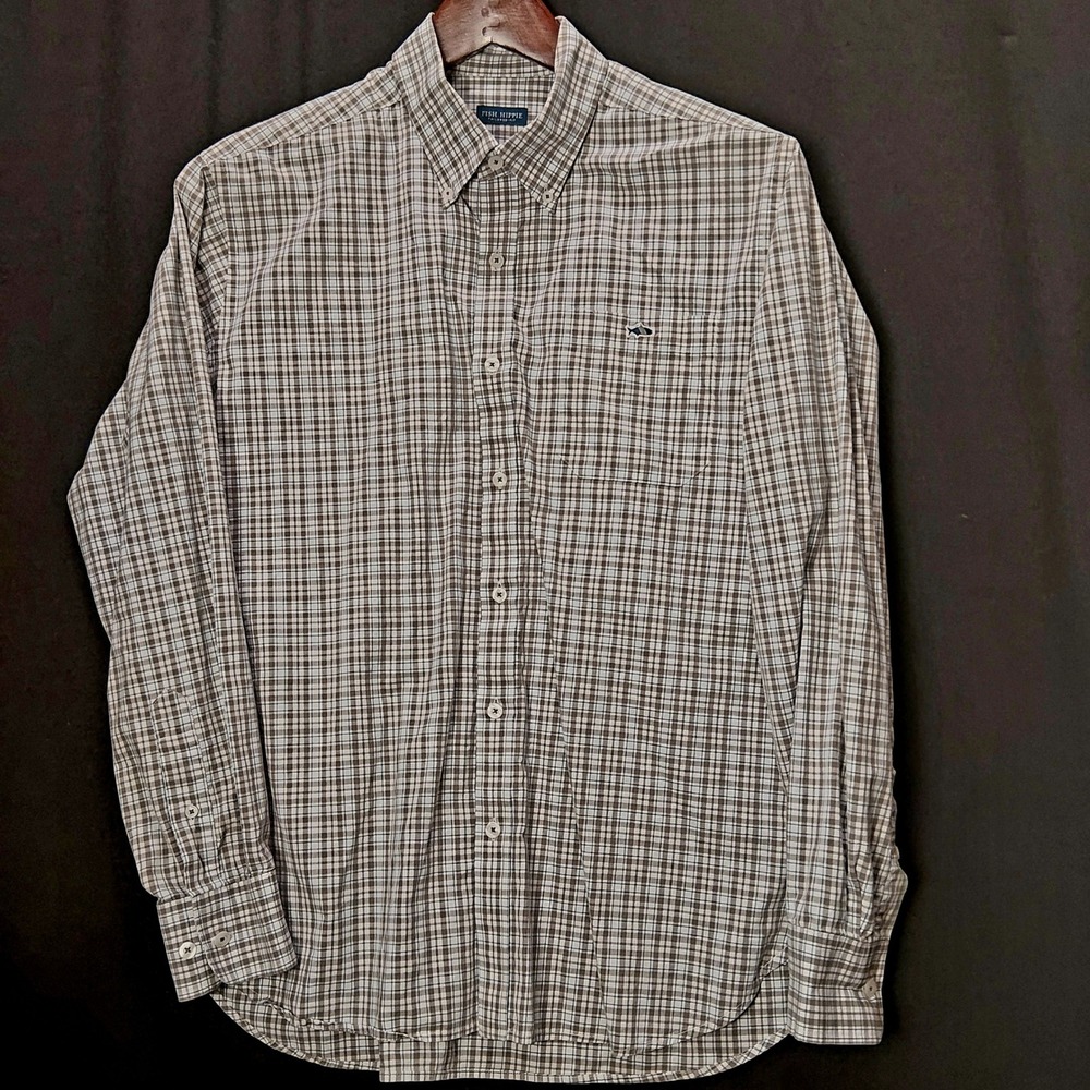 Fish Hippie Mens Tailored Fit Plaid Button Down Shirt Brown Teal Cotton Large